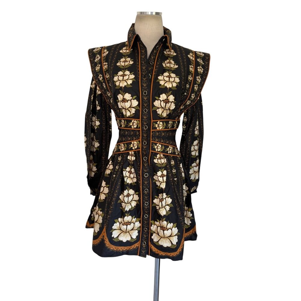 Farm Rio Topstitching Long Sleeve Mini Dress in Black Embroidered Flower Small - Picture 6 of 14
